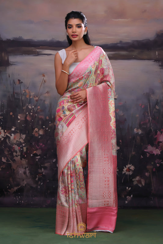 Pastel Yellow Silk Digital Print Saree with Banarasi Border