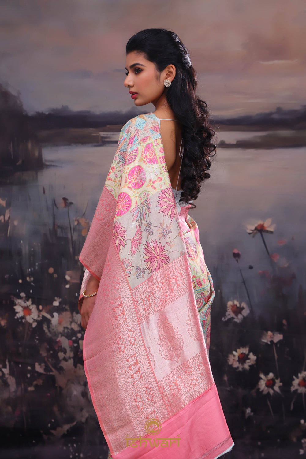 Pastel Yellow Silk Digital Print Saree with Banarasi Border