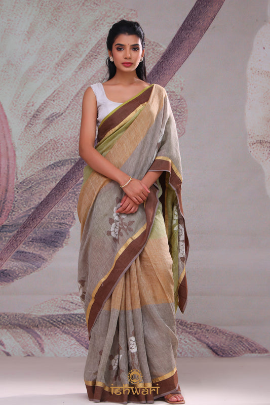 Brown Multicolour Linen Jamdani Saree