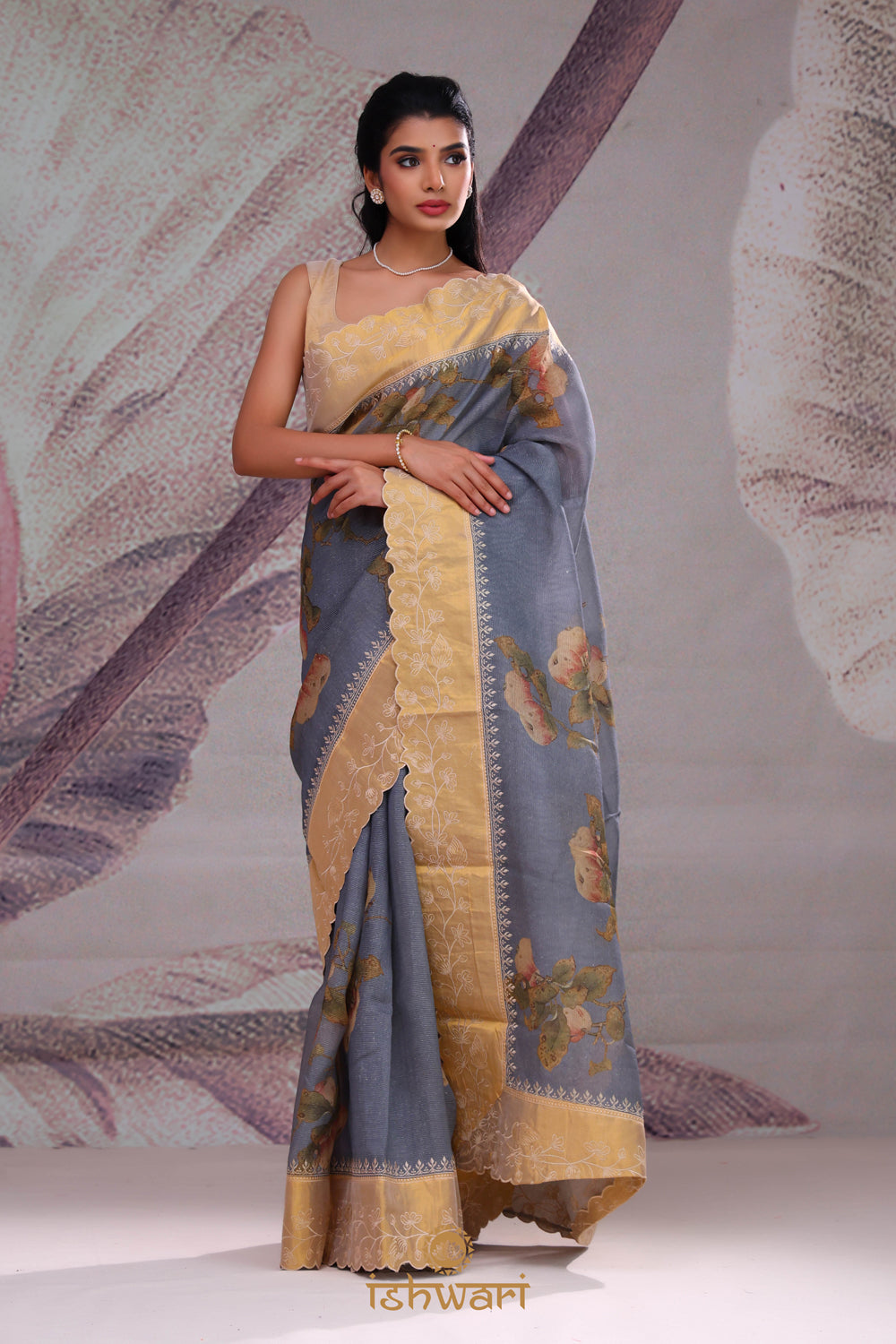 Blue Grey Digital Print Handloom Saree with Appliqué Border
