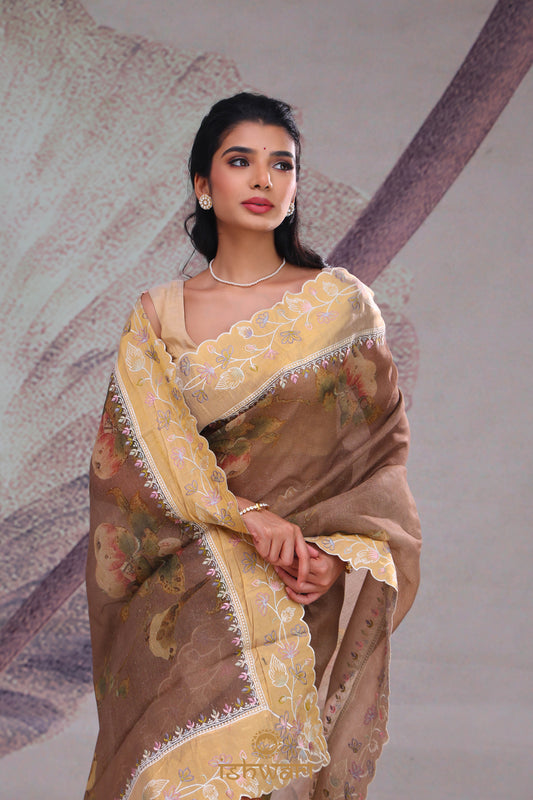 Coconut Brown Digital Print Handloom Saree with Appliqué Border