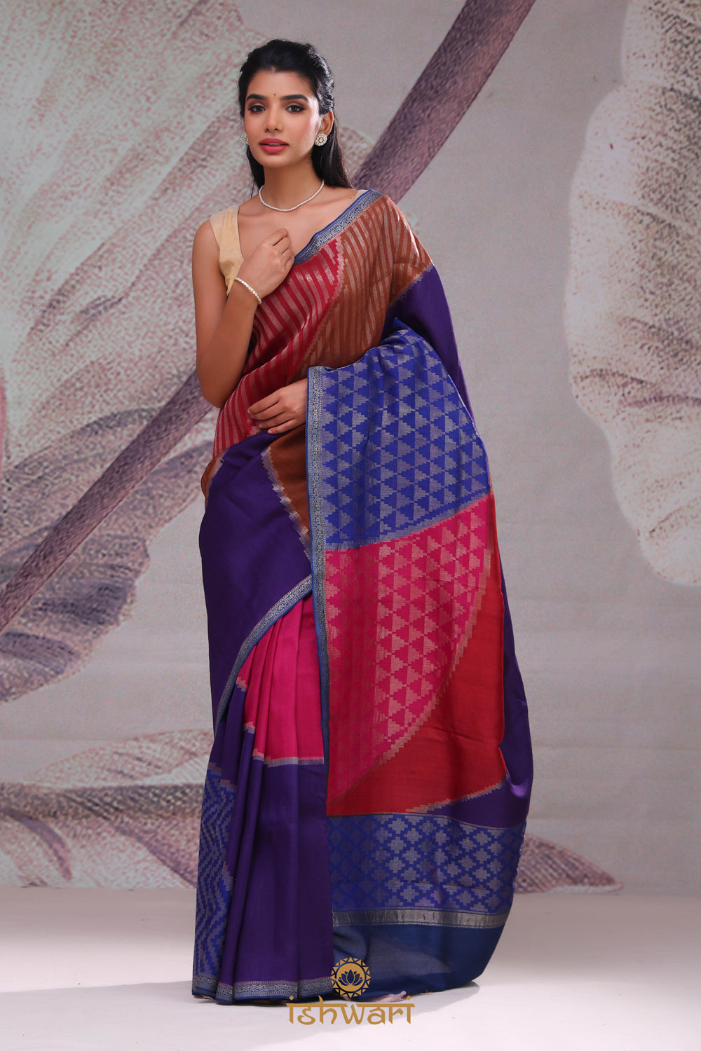 Blue Pink Multi-colour Designer Handloom Tussar Saree