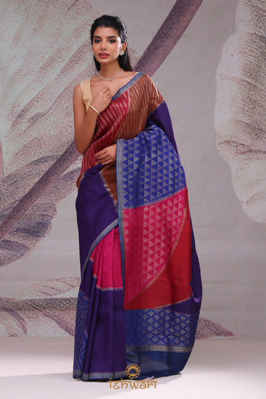 Blue Pink Multi-colour Designer Handloom Tussar Saree