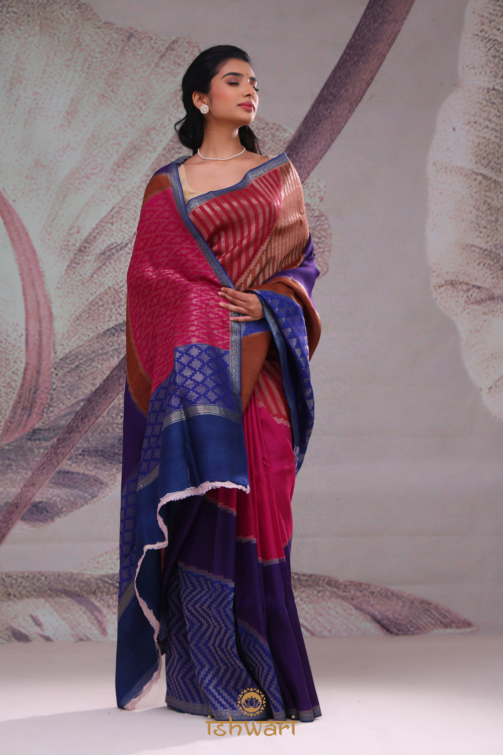 Blue Pink Multi-colour Designer Handloom Tussar Saree