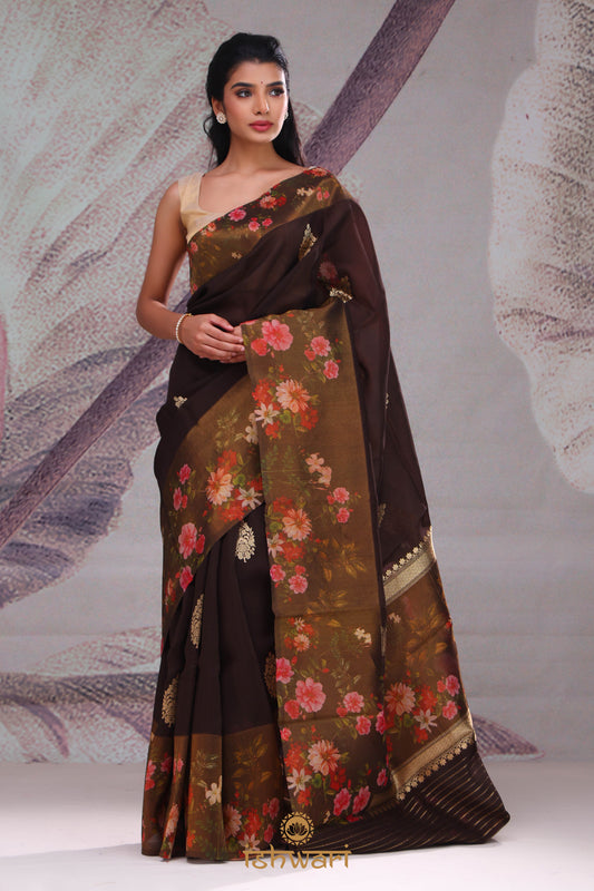 Coffee Brown Printed Kora Tissue Saree with Contrast Border