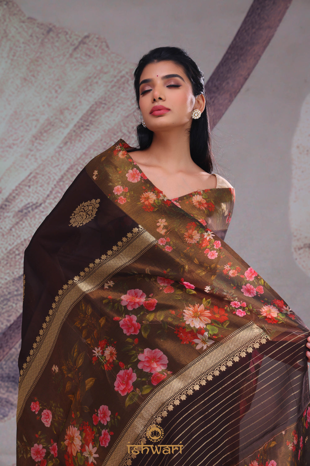 Coffee Brown Printed Kora Tissue Saree with Contrast Border
