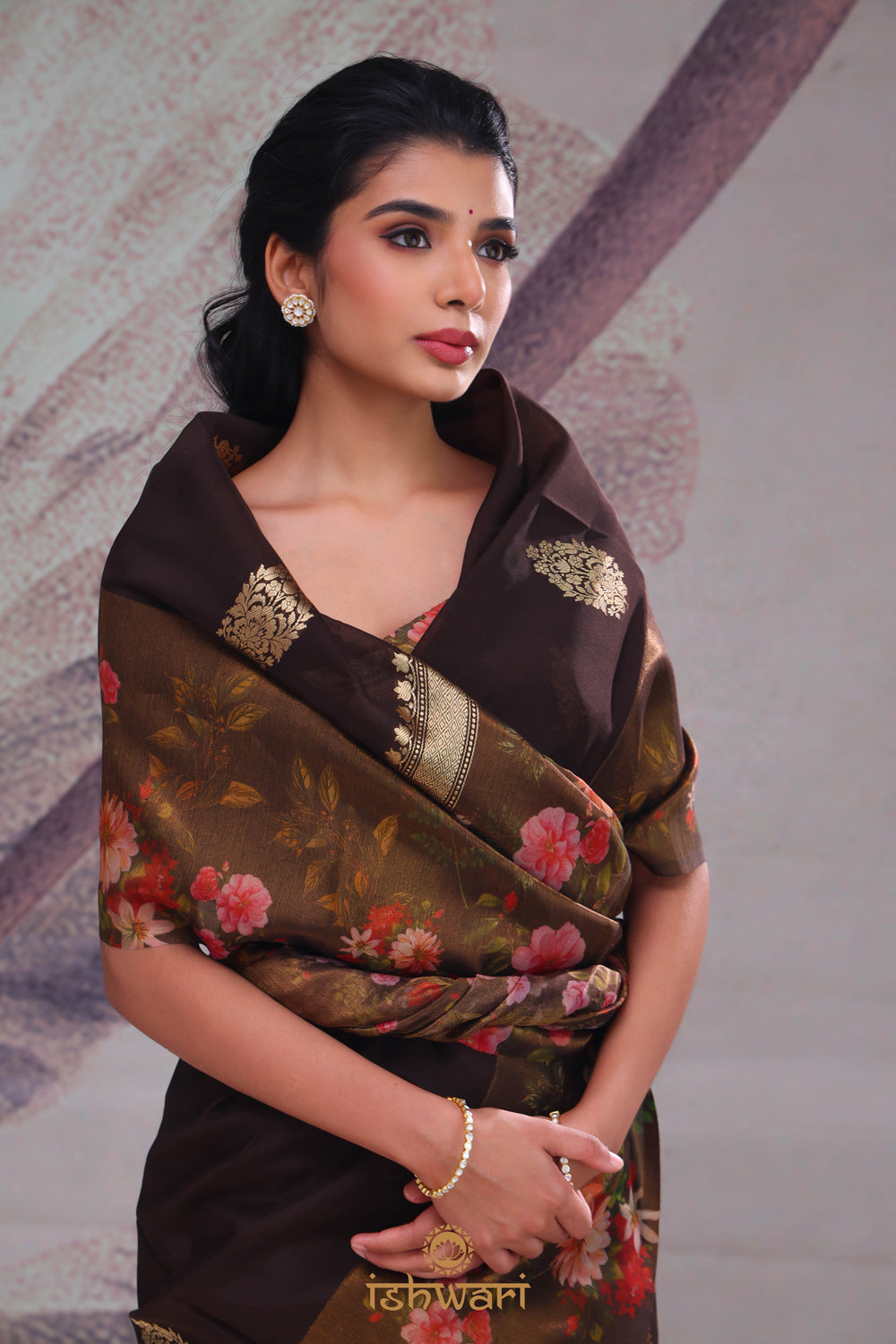 Coffee Brown Printed Kora Tissue Saree with Contrast Border