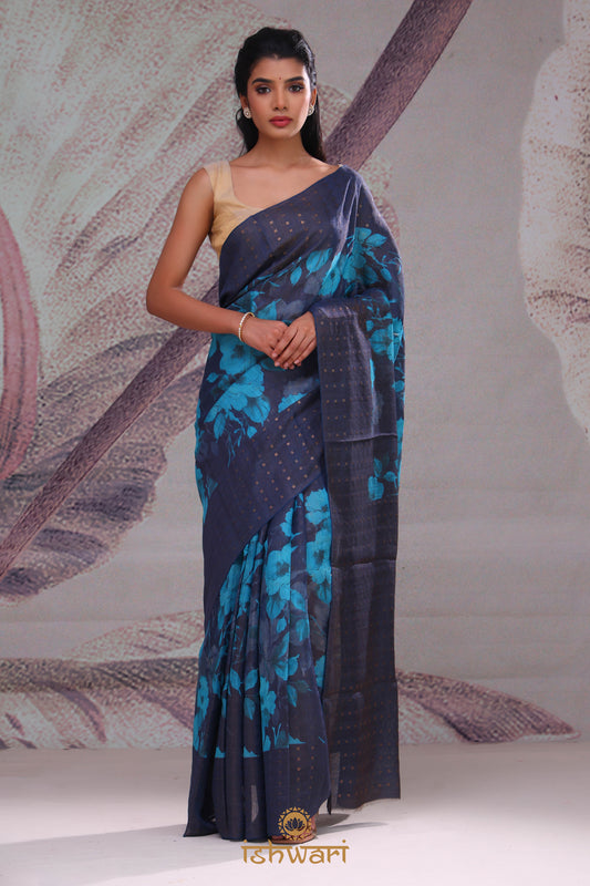 Deep Blue Printed Sequin Handloom Bailu Saree