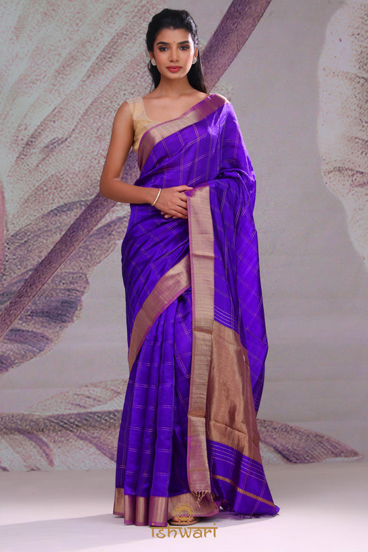 Purplish Blue Banarasi Checks Poona Silk Saree