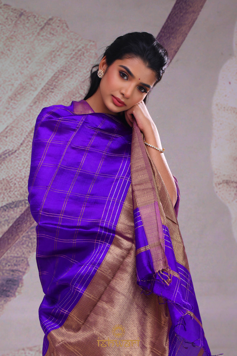 Purplish Blue Banarasi Checks Poona Silk Saree