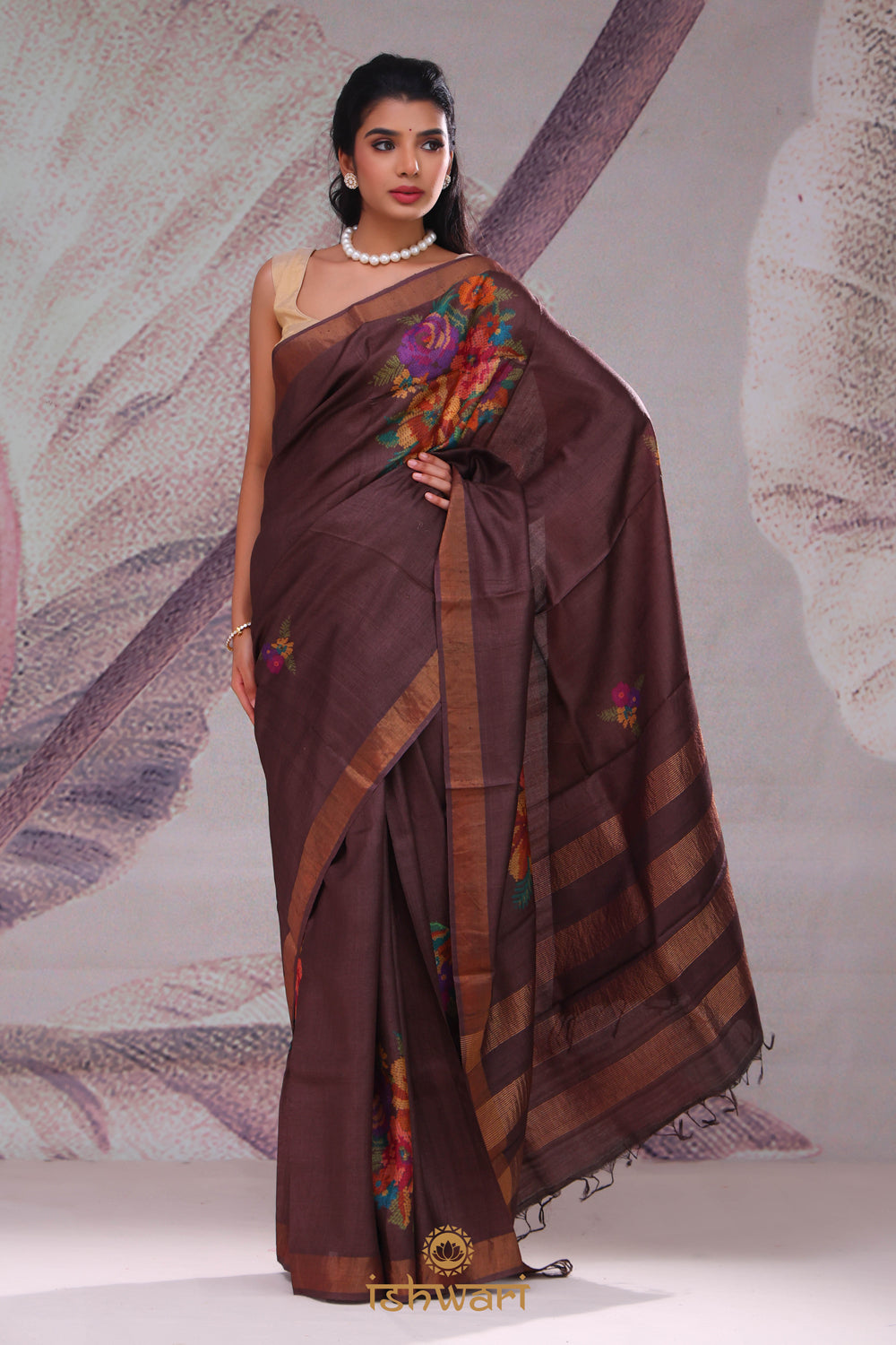 Deep Brown Floral Printed Tussar Saree