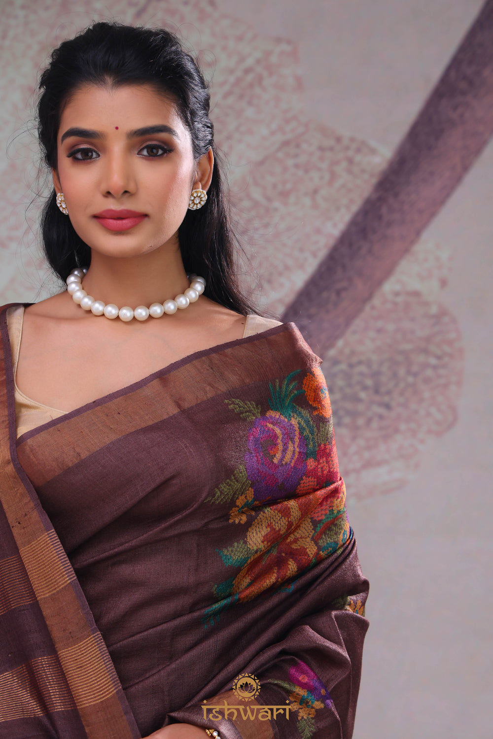Deep Brown Floral Printed Tussar Saree