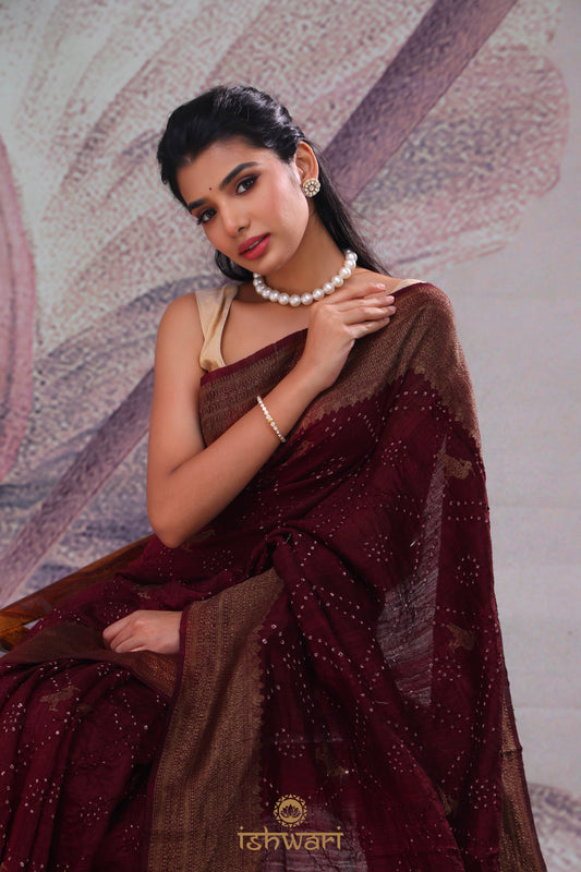 Brown Coffee Bandhej Saree with Gold Kaddi Border