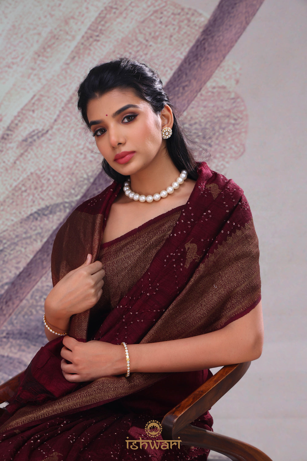 Brown Coffee Bandhej Saree with Gold Kaddi Border