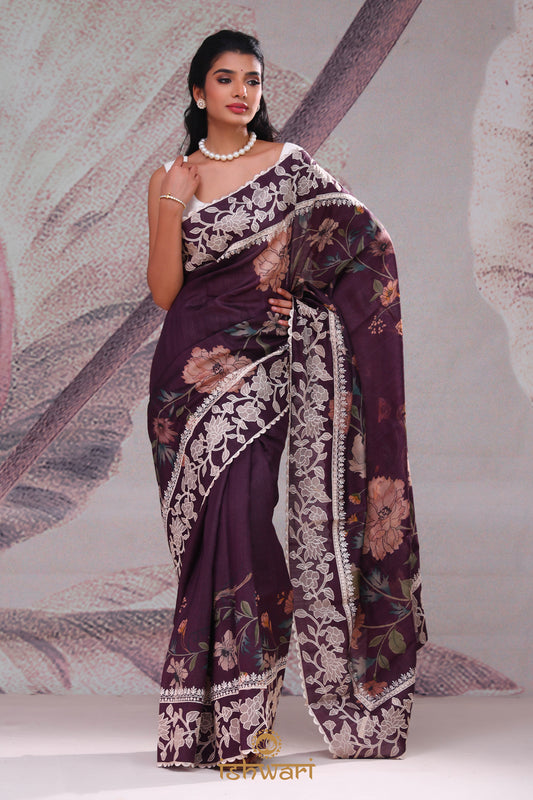 Brown Coffee Floral Tussar Saree with Applique Border