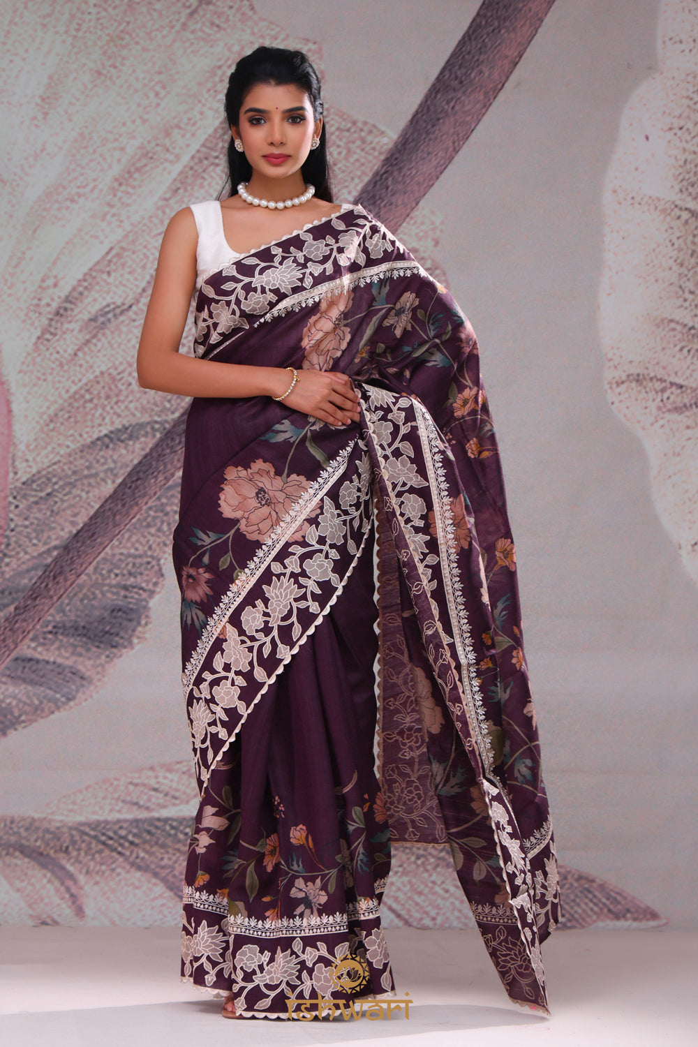 Brown Coffee Floral Tussar Saree with Applique Border