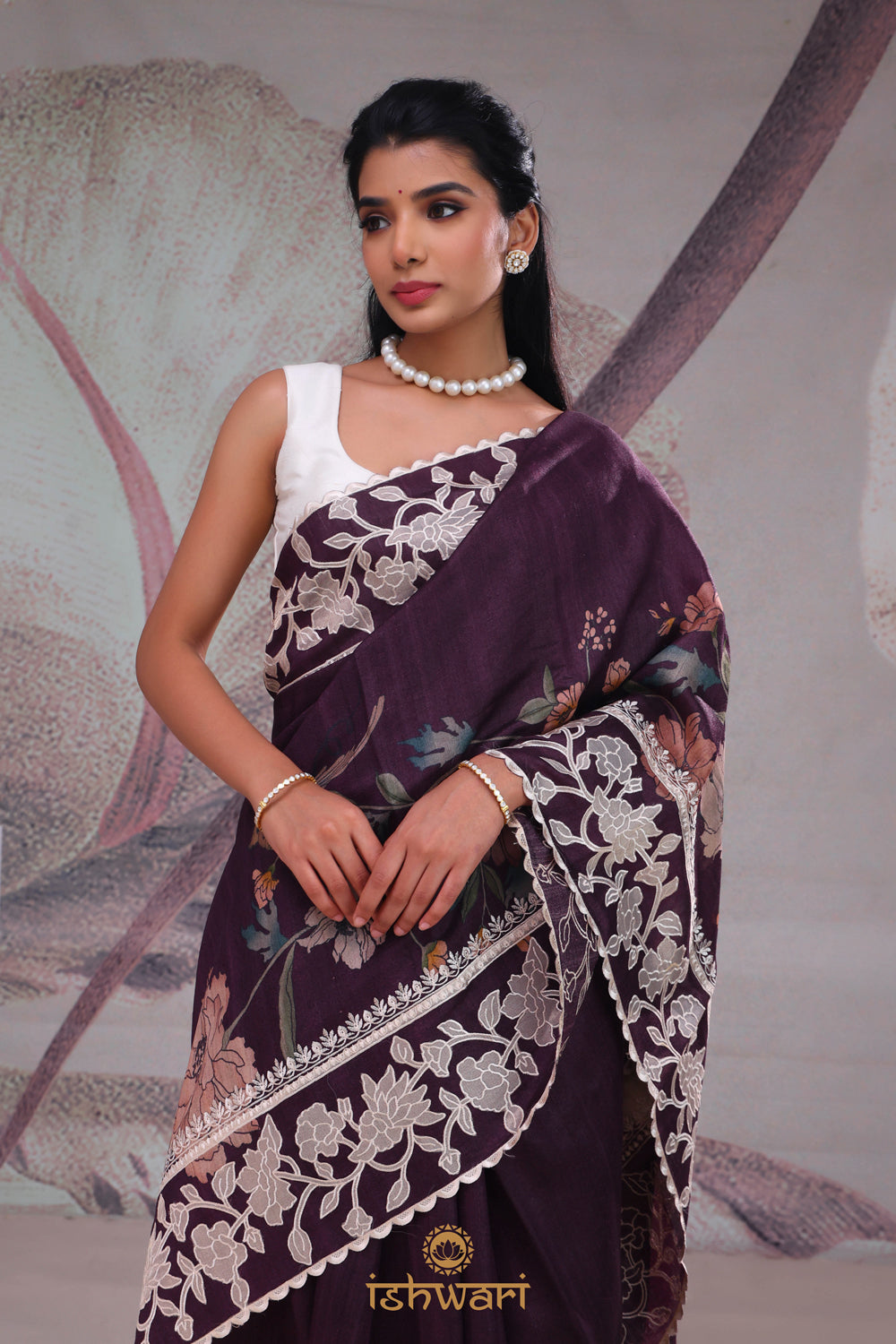 Brown Coffee Floral Tussar Saree with Applique Border