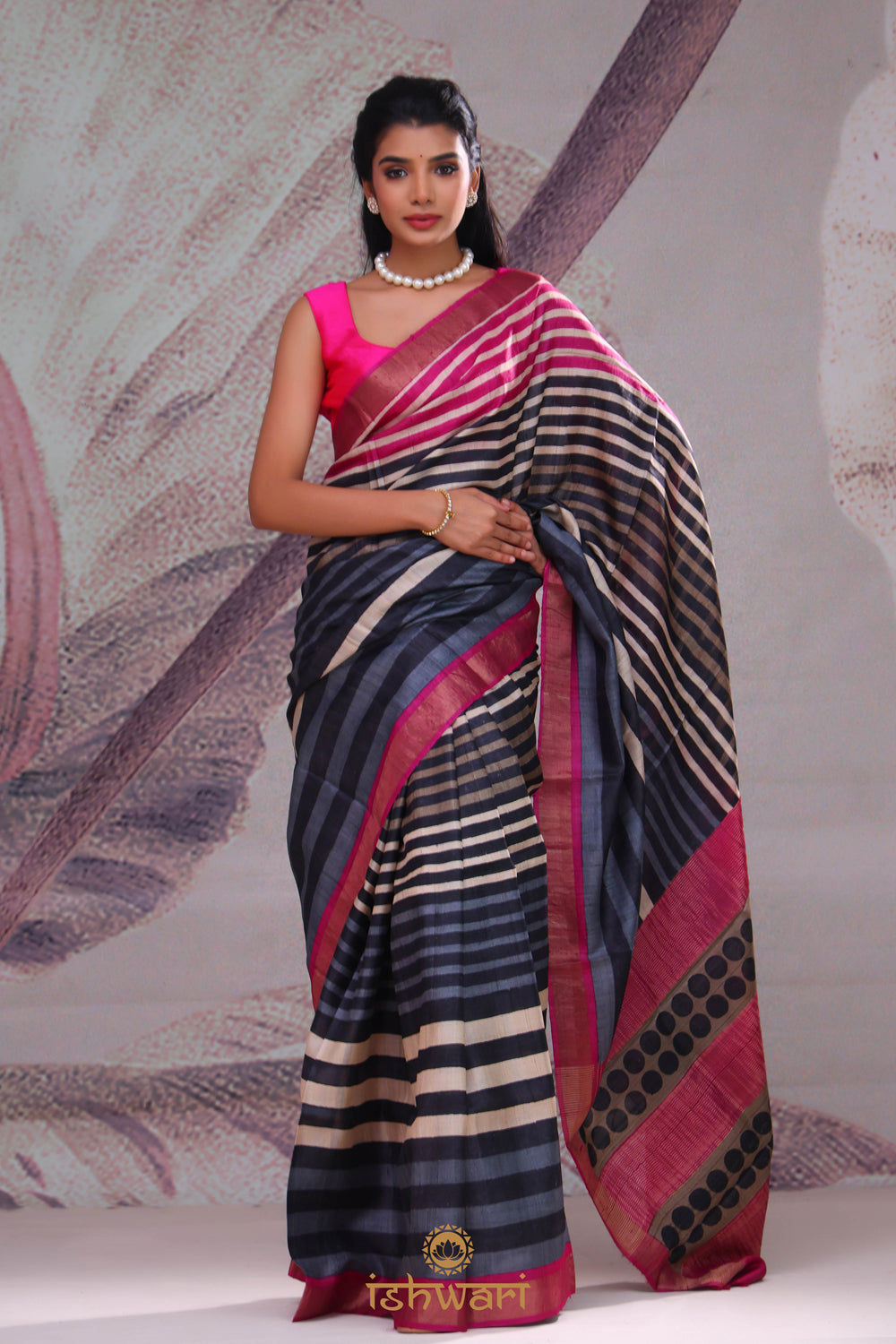 Pink Blue Multi-striped Handloom Tussar Saree