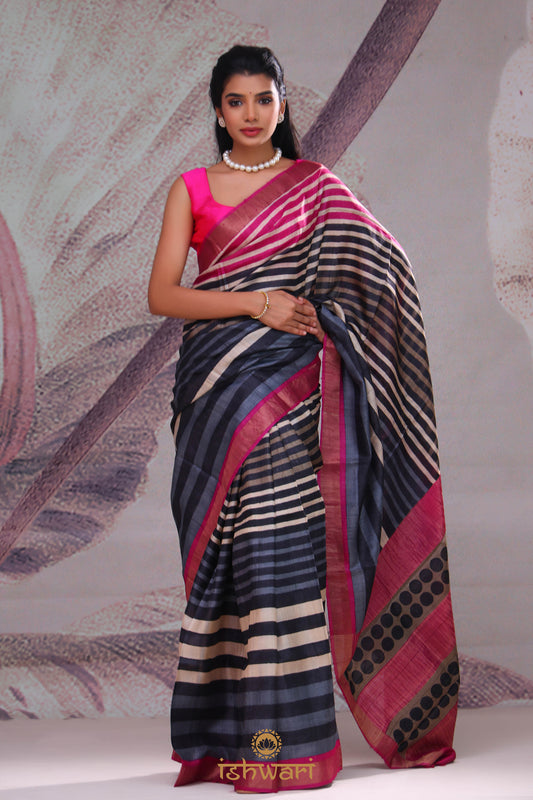Pink Blue Multi-striped Handloom Tussar Saree