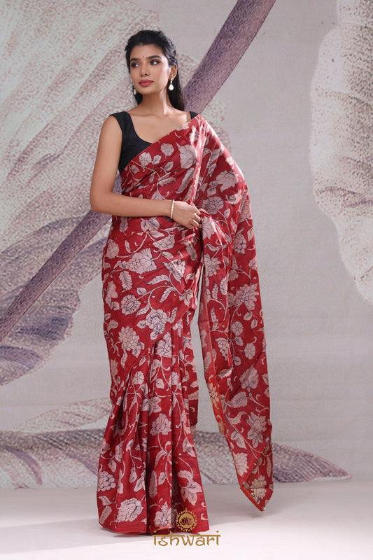 Persian Red Handpainted Kalamkari Silk Saree