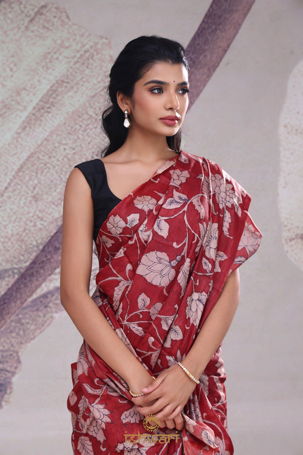 Persian Red Handpainted Kalamkari Silk Saree