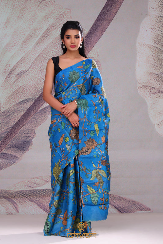 Capri Blue Handpainted Kalamkari Silk Saree
