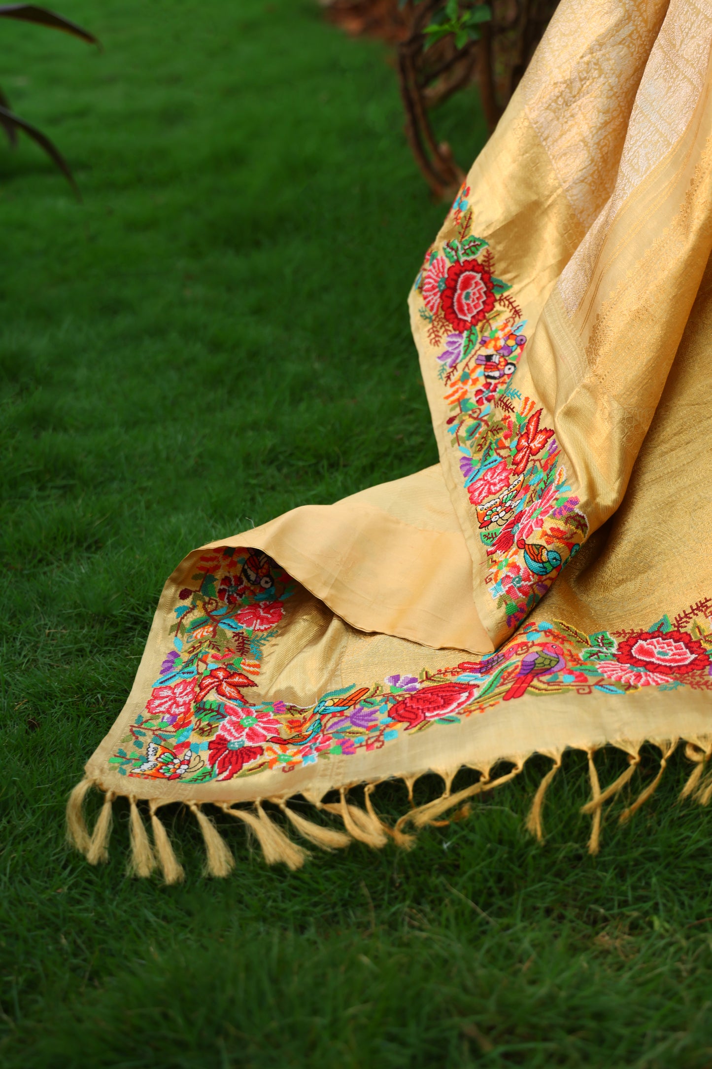 Beige Gold Kanchi Tissue Saree with Petite Point Border