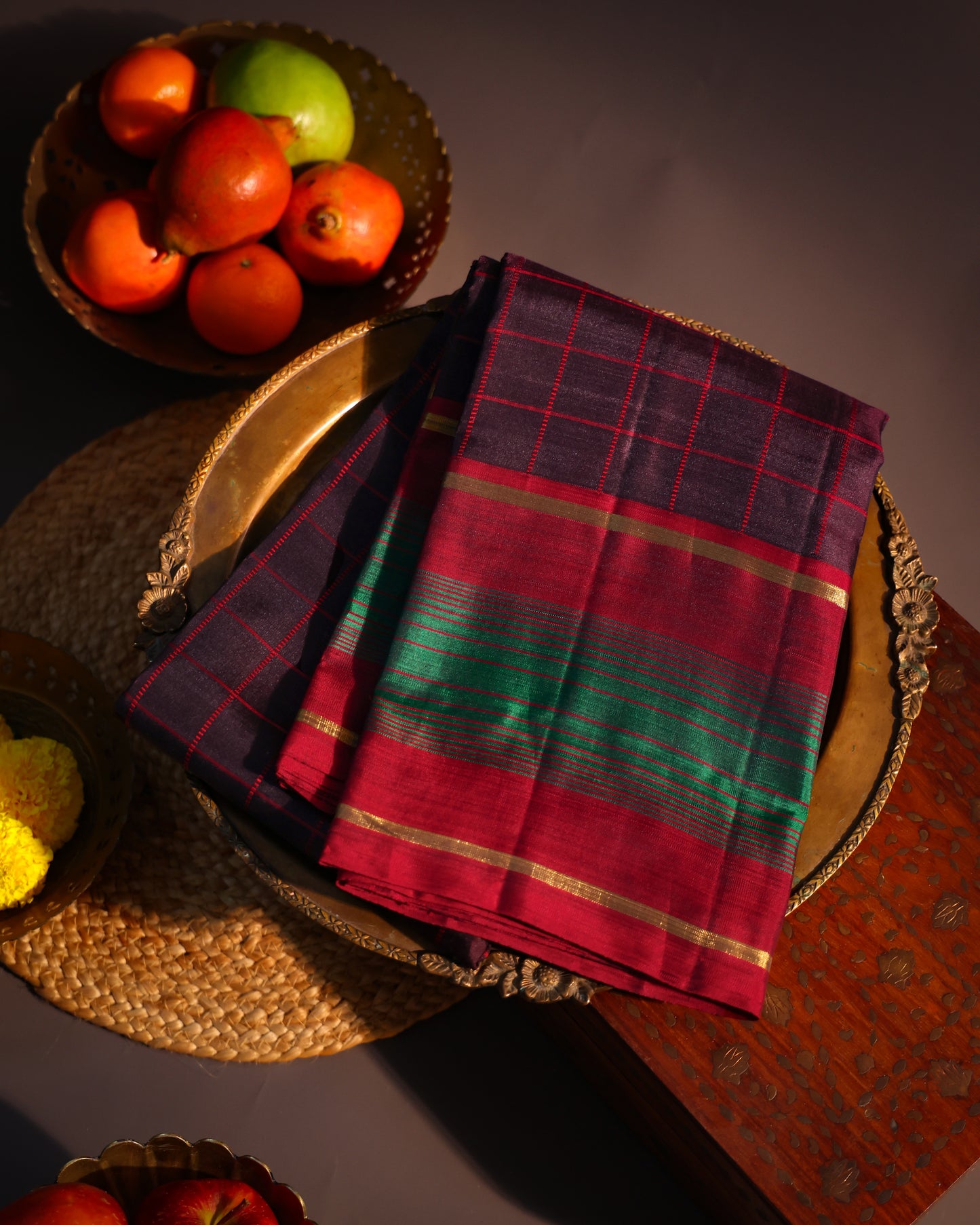 Coffee Brown Checks Kanchi Silk Saree with Red-Green Border