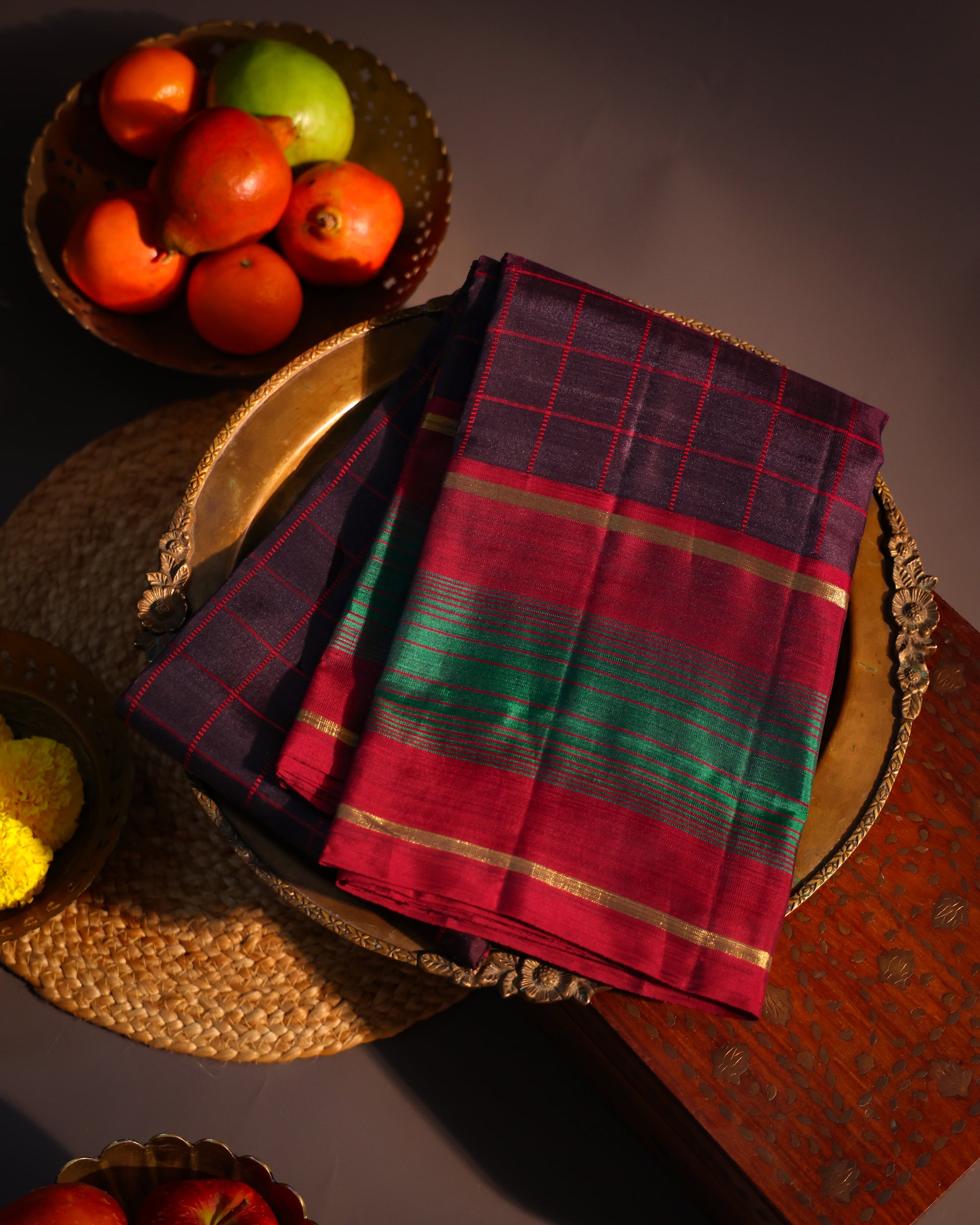 Coffee Brown Checks Kanchi Silk Saree with Red-Green Border