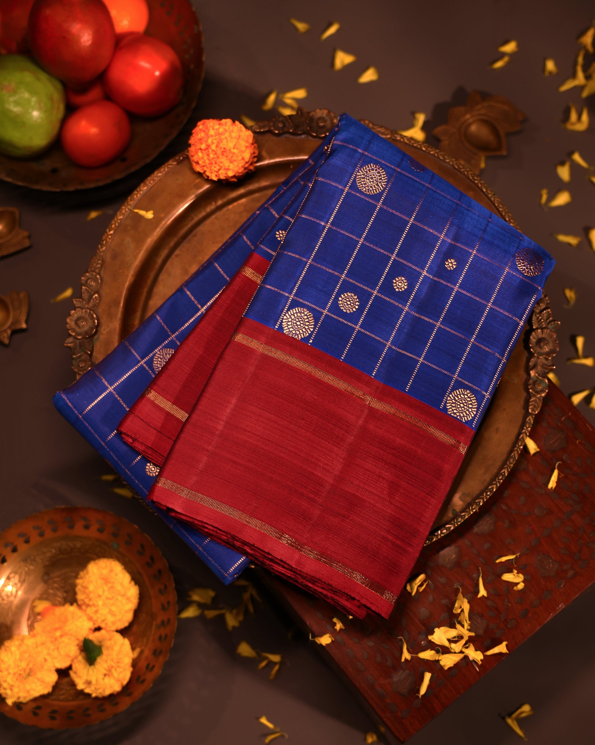 Egyptian Blue Checks Kanchi Saree with Spaced Border