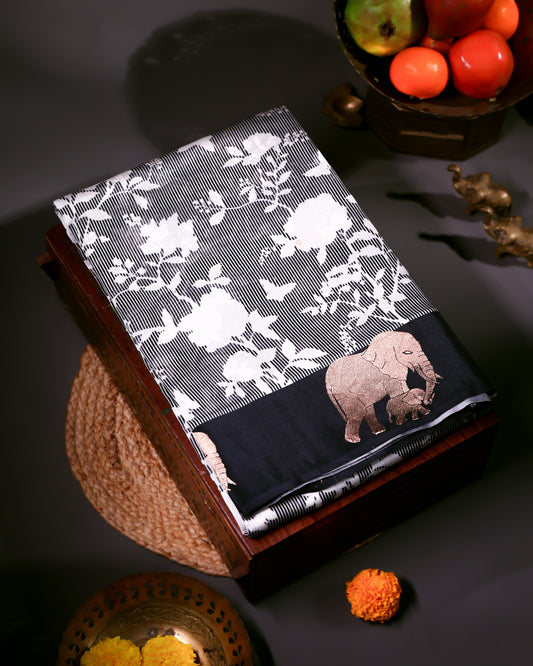 Black Jaal Banarasi Organza Saree with Elephant Border