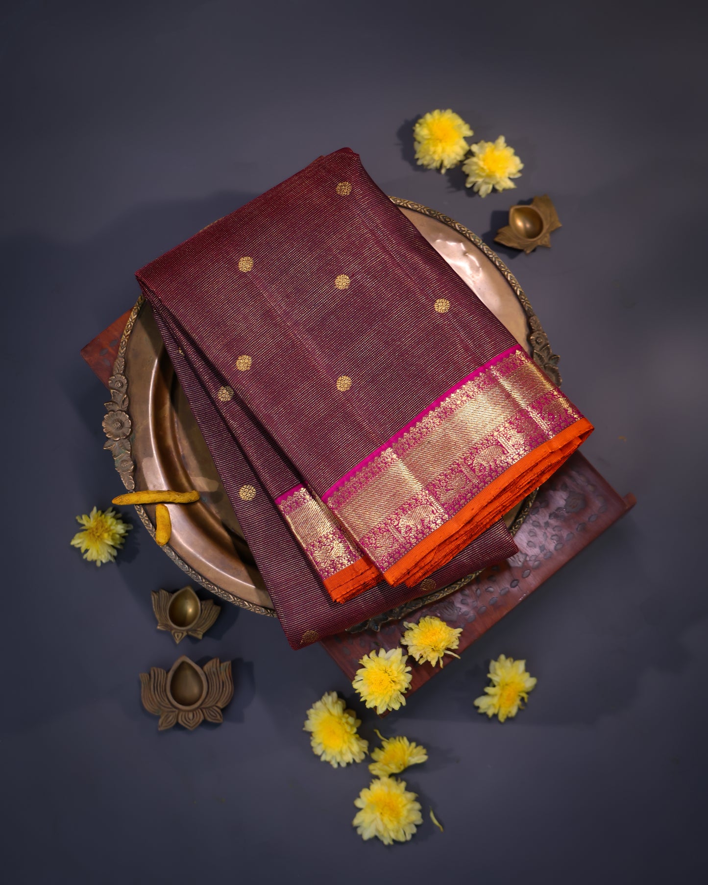 Deep Brown Vaira Oosi Checks Kanchi Silk Saree
