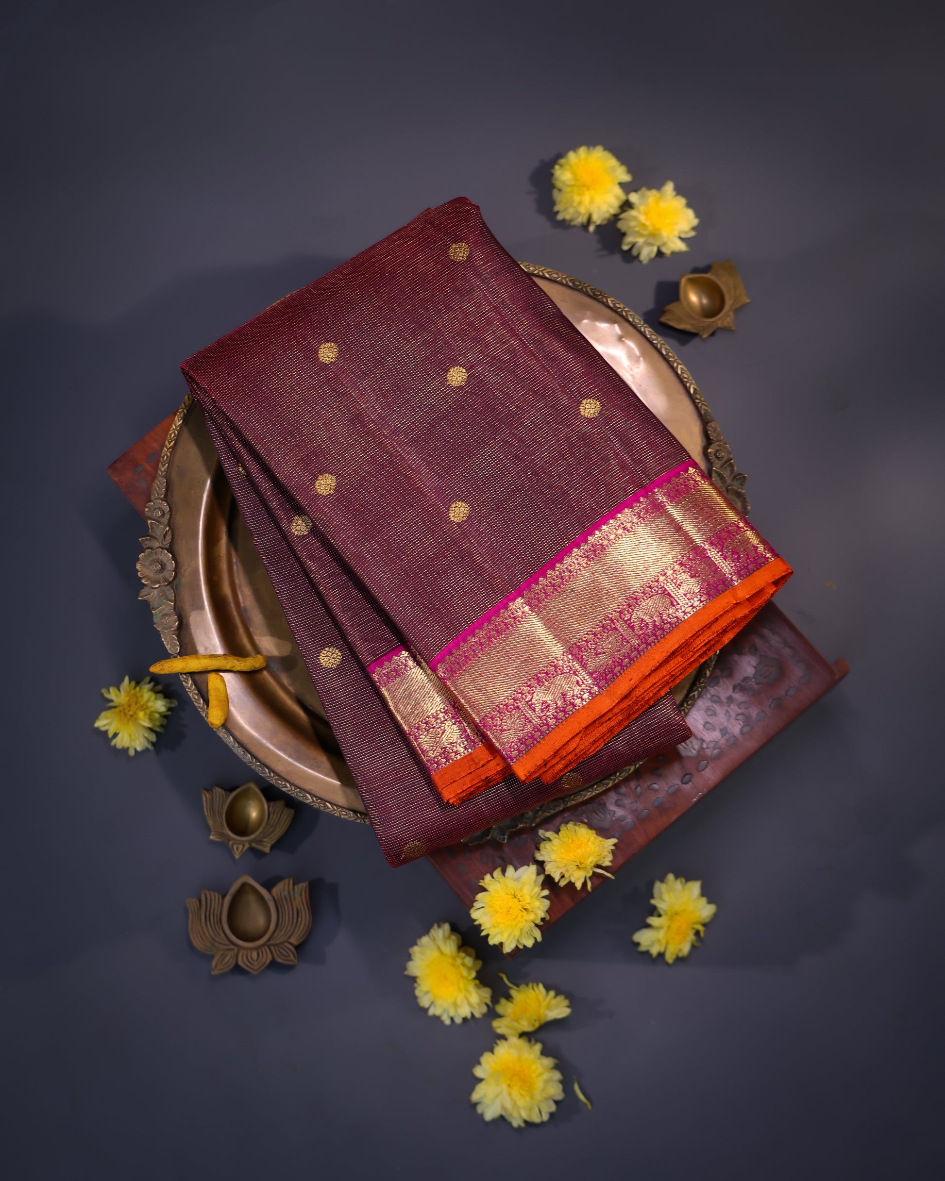 Deep Brown Vaira Oosi Checks Kanchi Silk Saree
