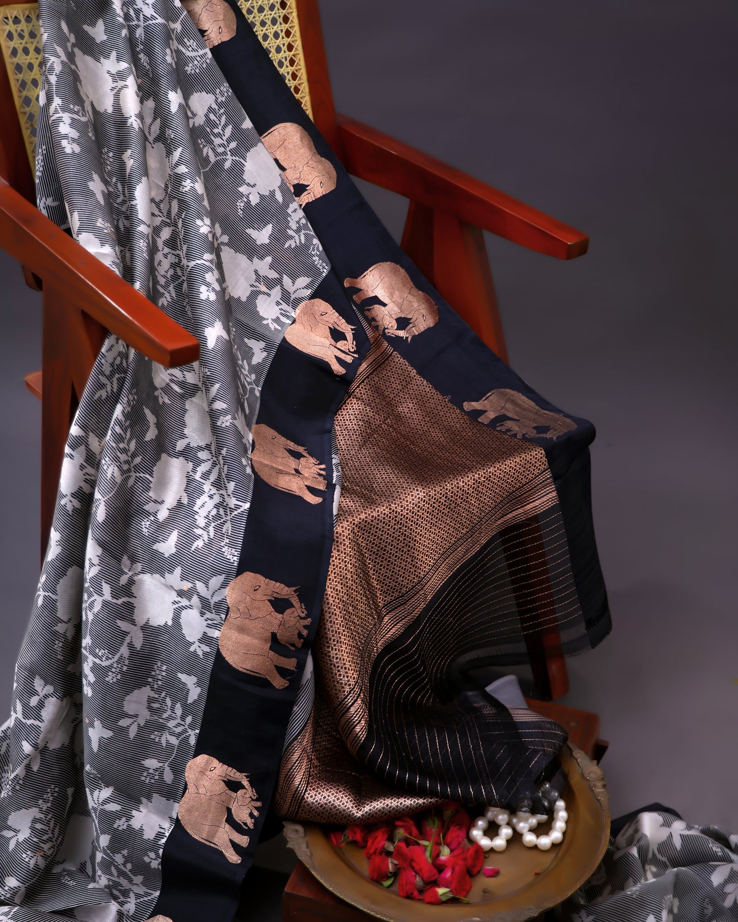 Black Jaal Banarasi Organza Saree with Elephant Border