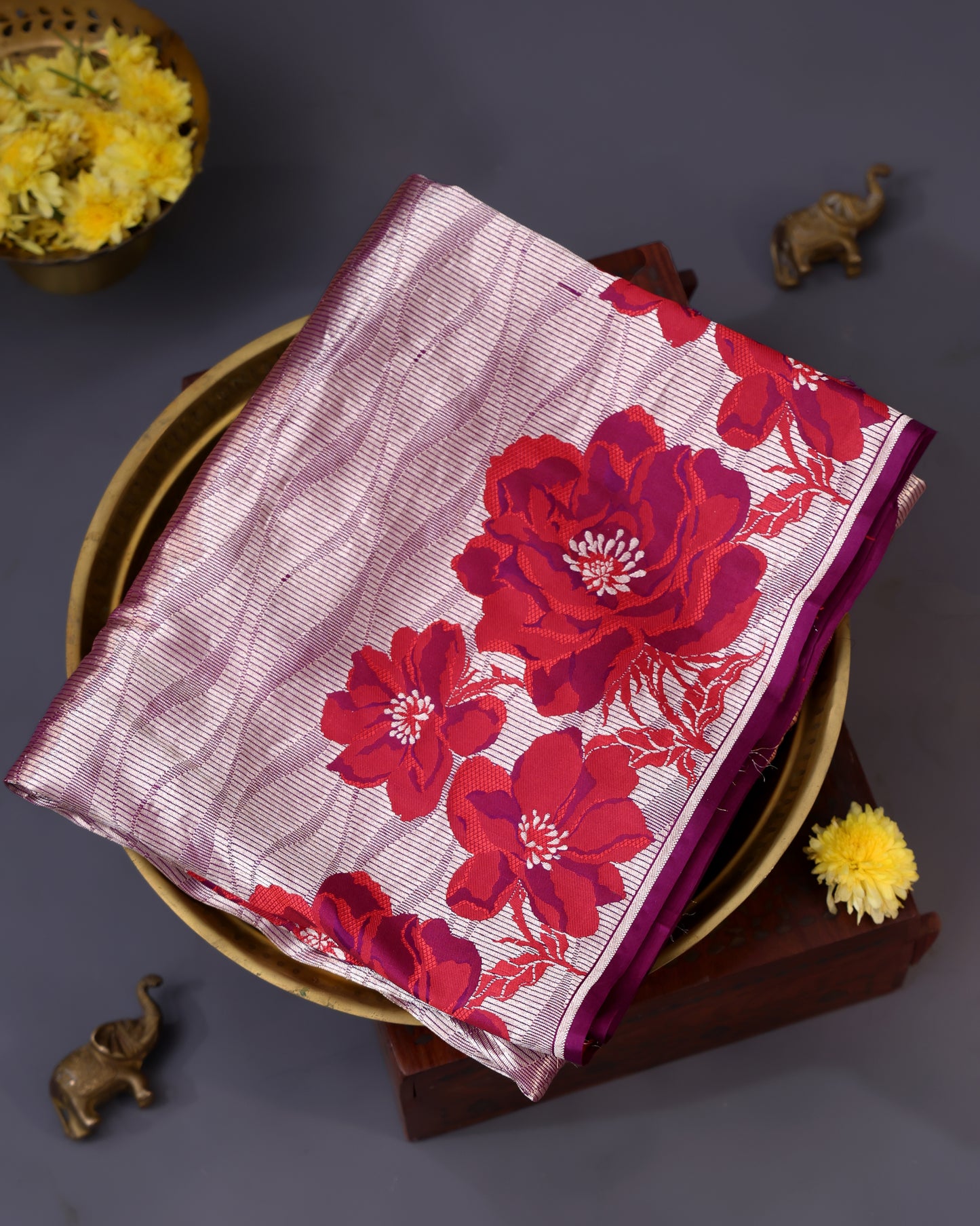 Wine Purple Banarasi Silk Saree with Floral Border