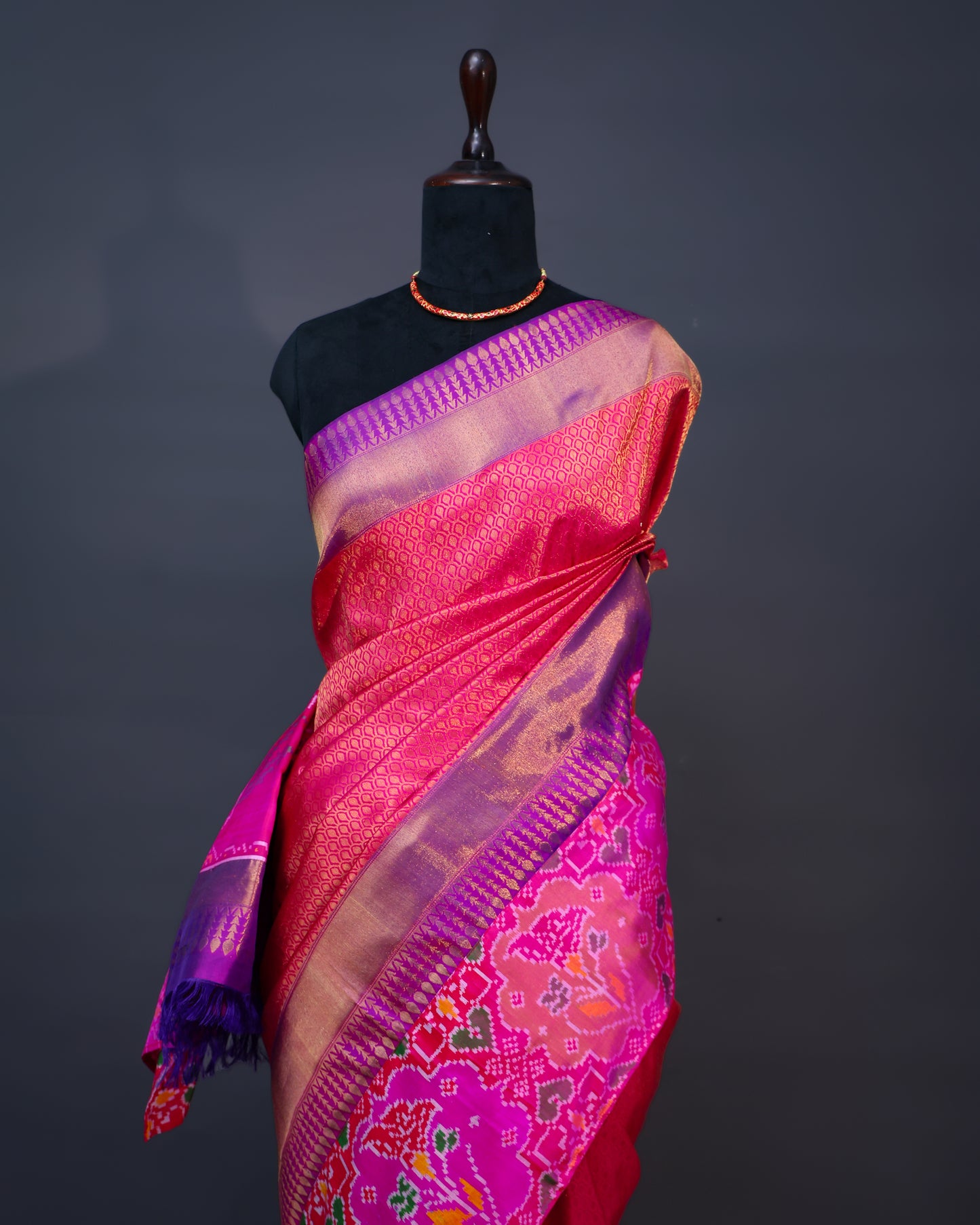 Watermelon Pink Kanchi Silk Saree with Patola Border