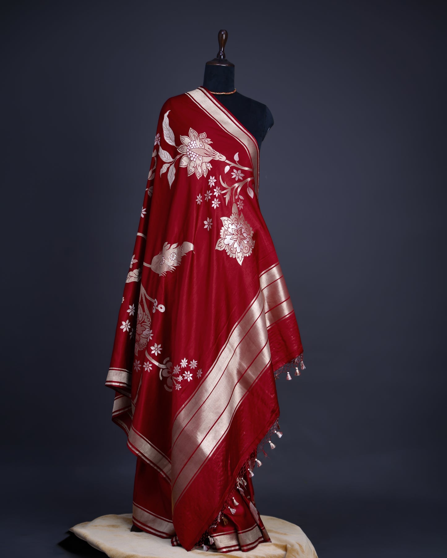 Red Designer Banarasi Katan Satin Saree with Floral Patterns