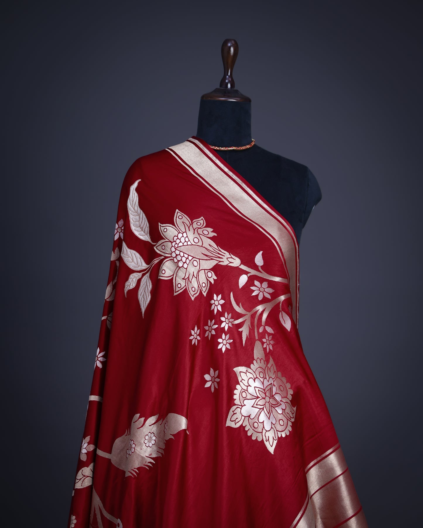 Red Designer Banarasi Katan Satin Saree with Floral Patterns