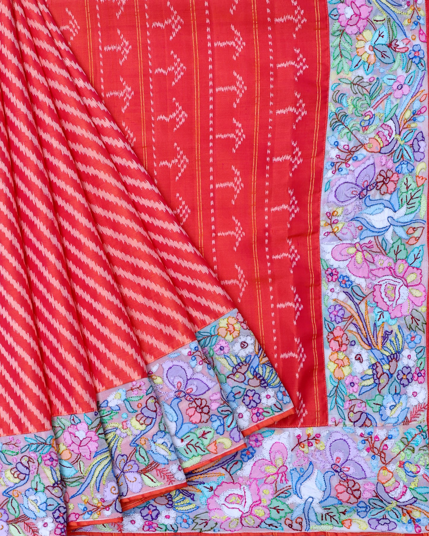 Prismatic Red Lehriya Silk Saree with Parsi Border