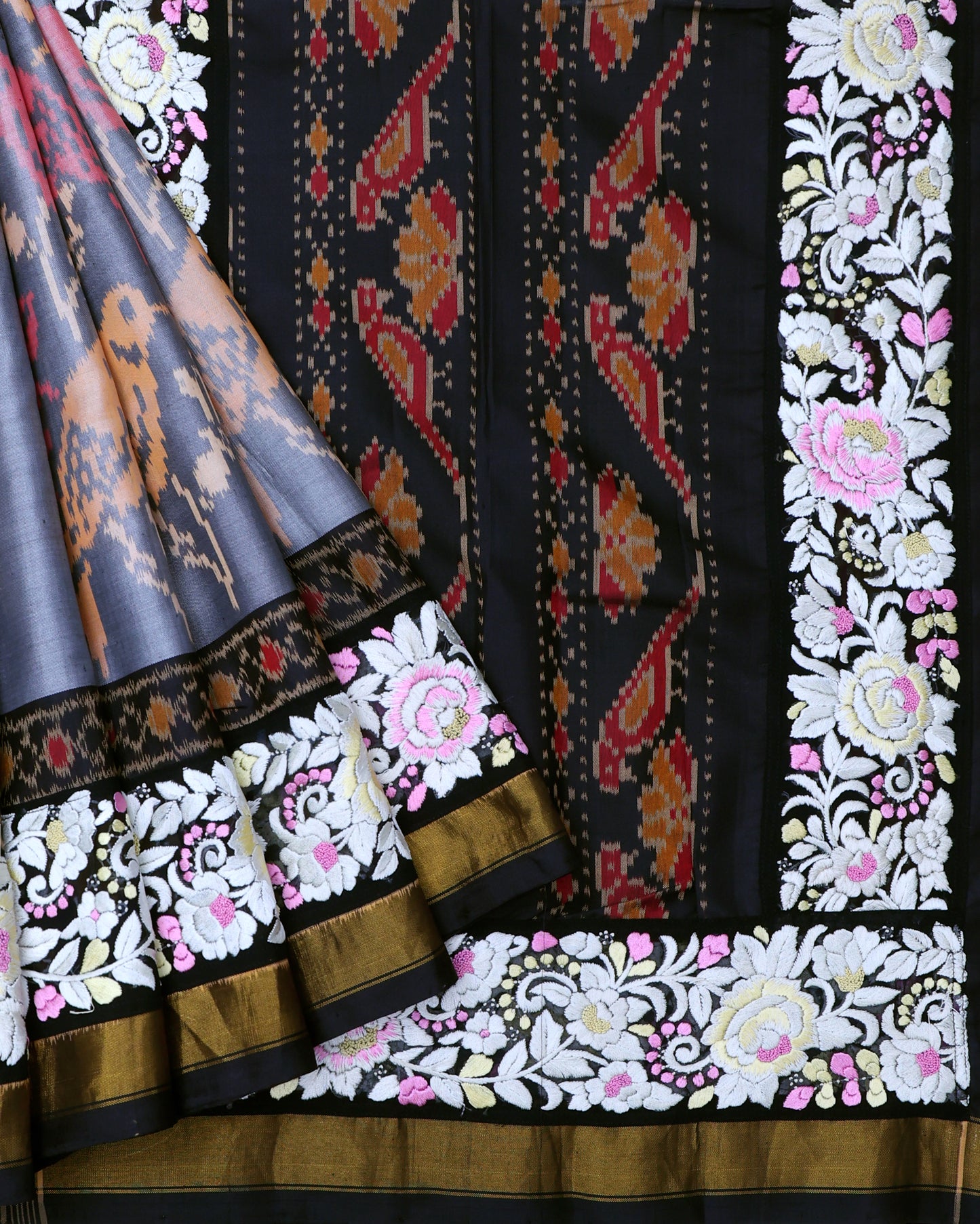 Grey Ikkat Silk Saree with Petite Point Border