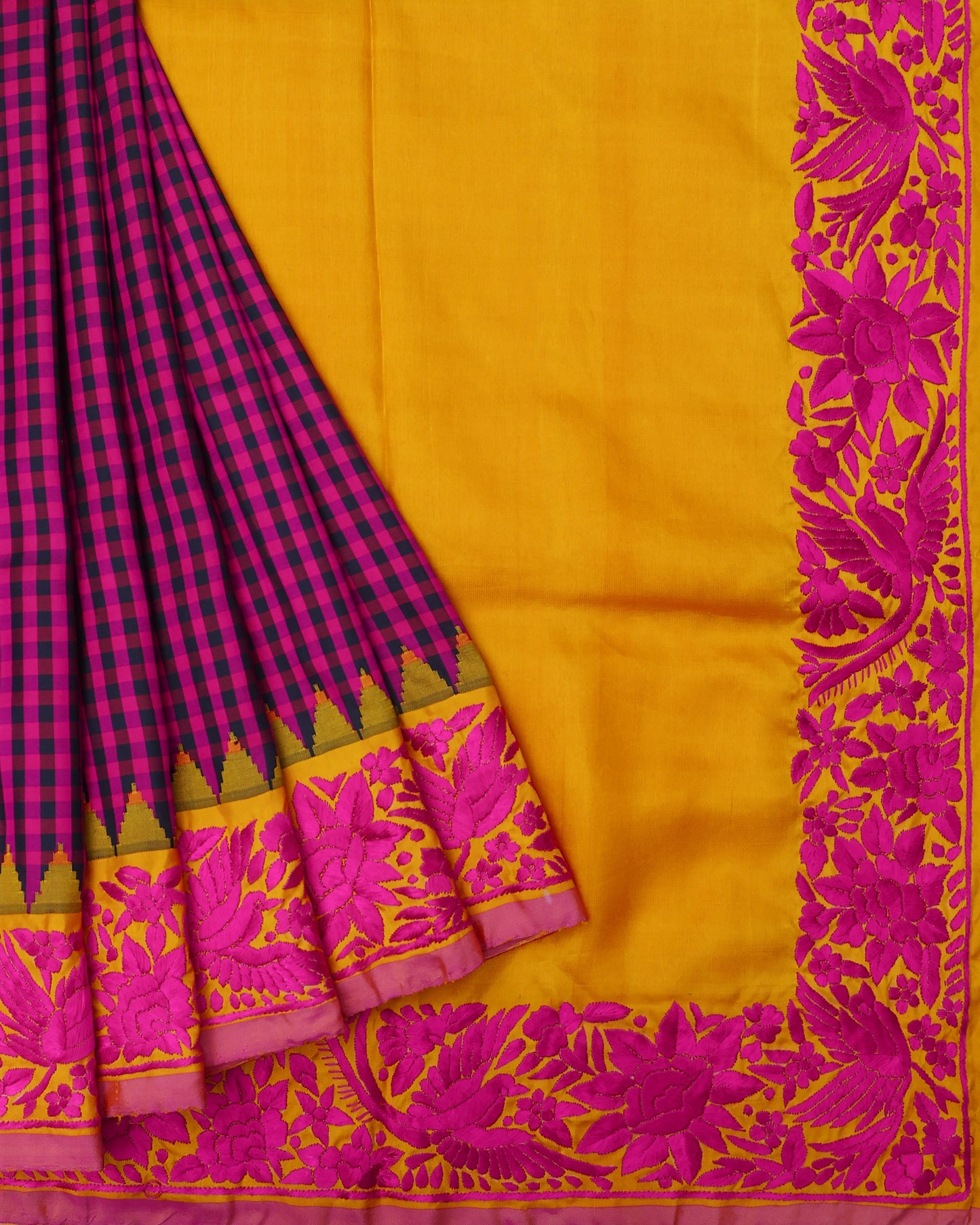Pink Blue Checks Gadwal Saree with Parsi Border