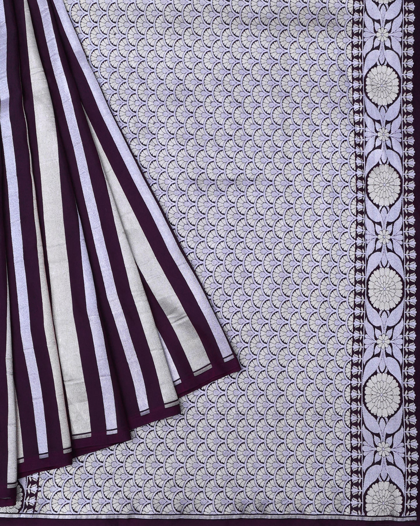 Wine Purple Banarasi Silk with Gold & Silver Stripes
