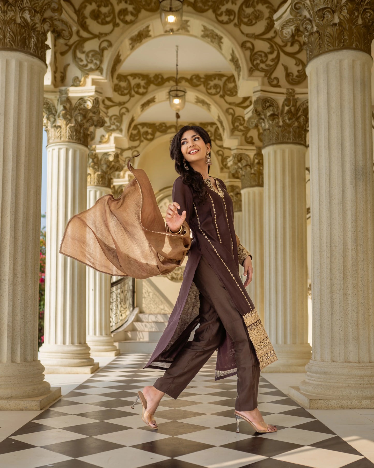 Brown embroidered kurta set with golden zari work and dupatta – premium festive Indian outfit for women
