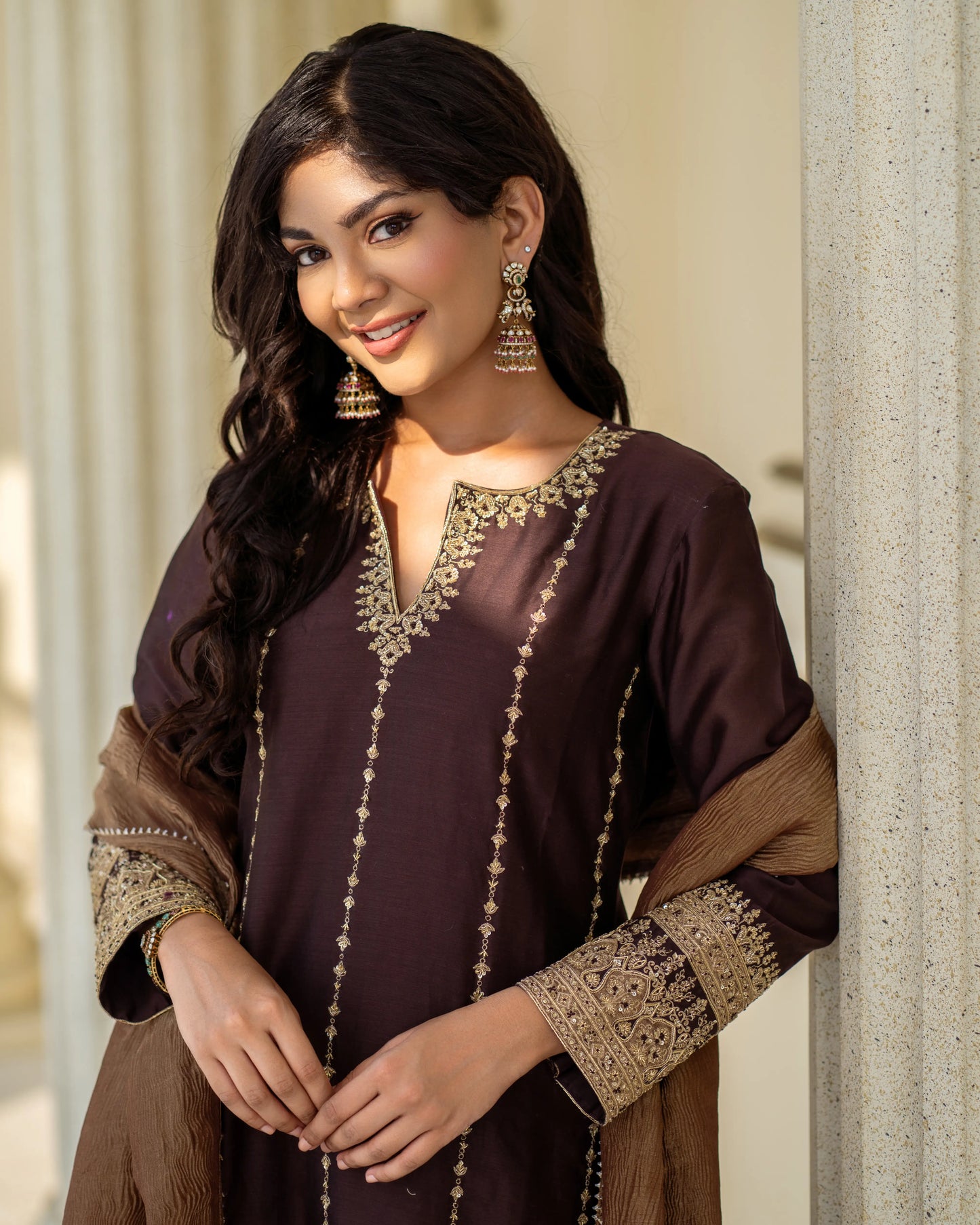 Timeless ethnic fashion 2025 – trending brown kurta set with dupatta for graceful festive wear