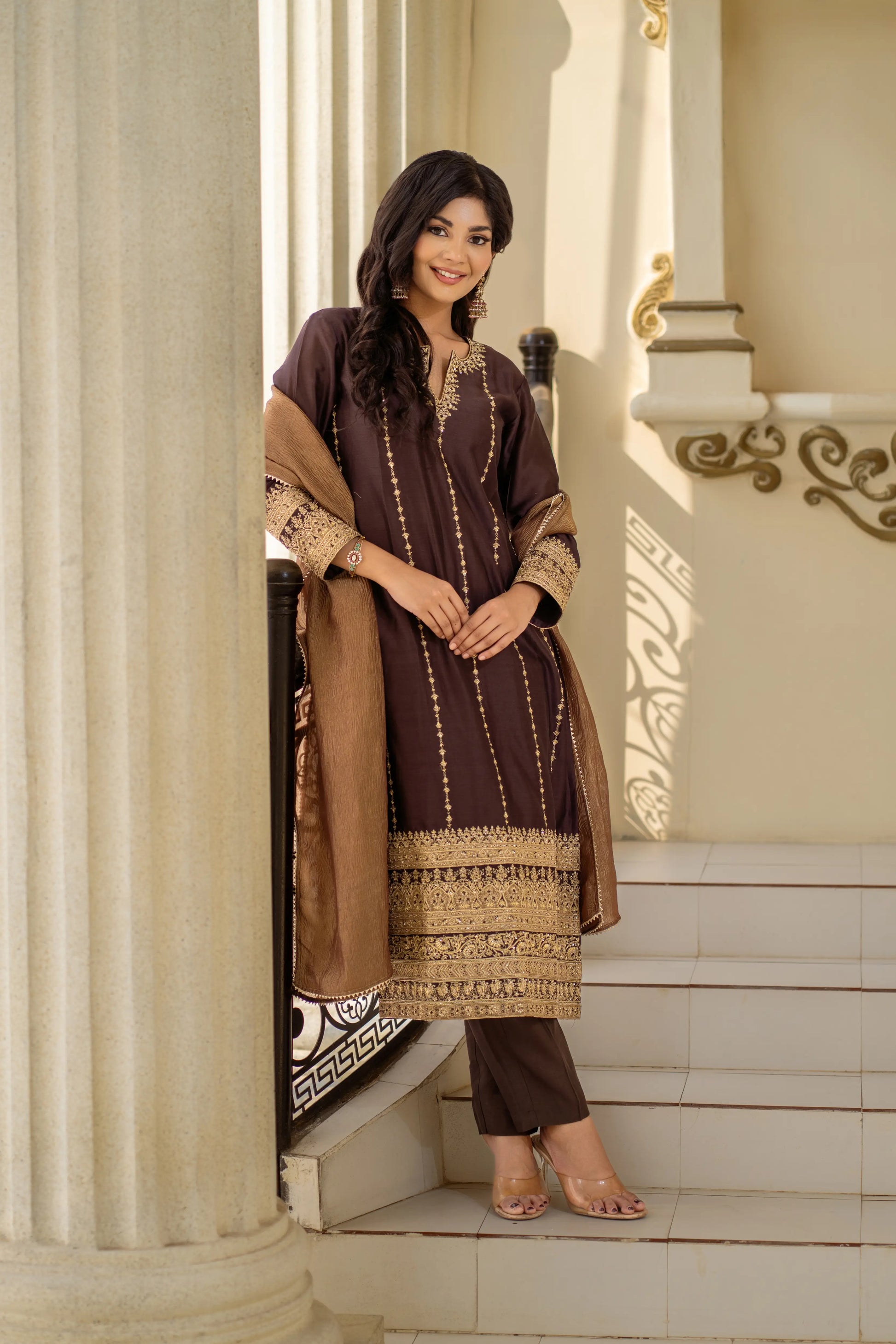 Buy brown ethnic suit set for weddings, festive functions, and traditional occasions – shop online at House of Ishwari