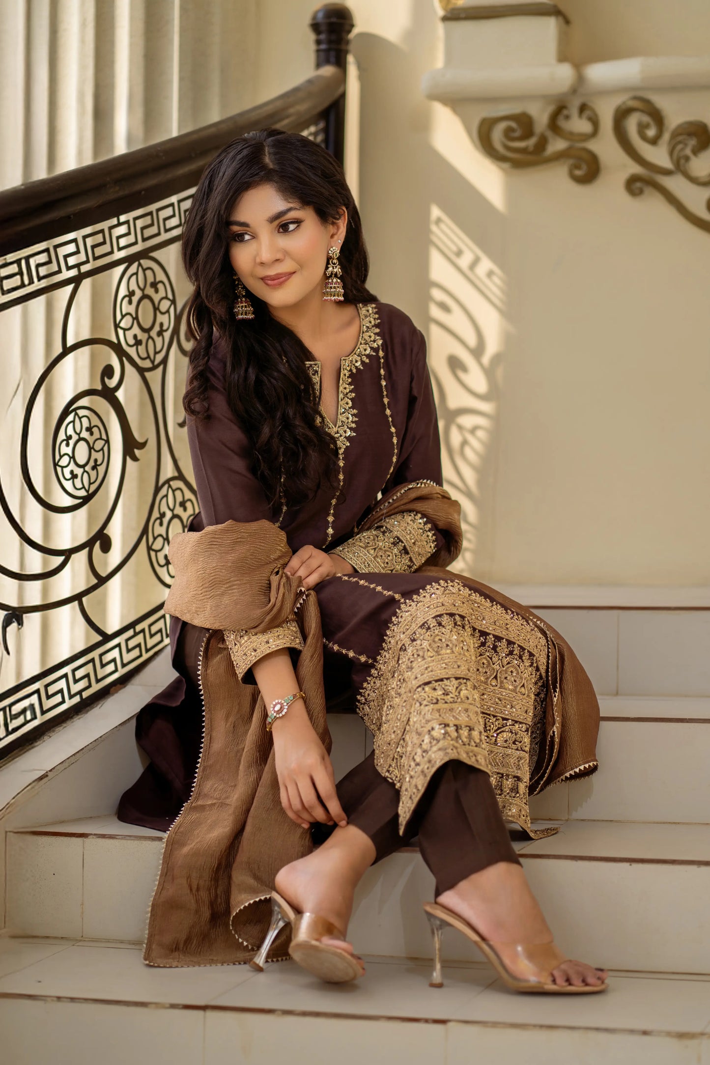 Elegant outfit for Diwali, family gatherings, and temple visits – brown embroidered kurta set for ethnic events