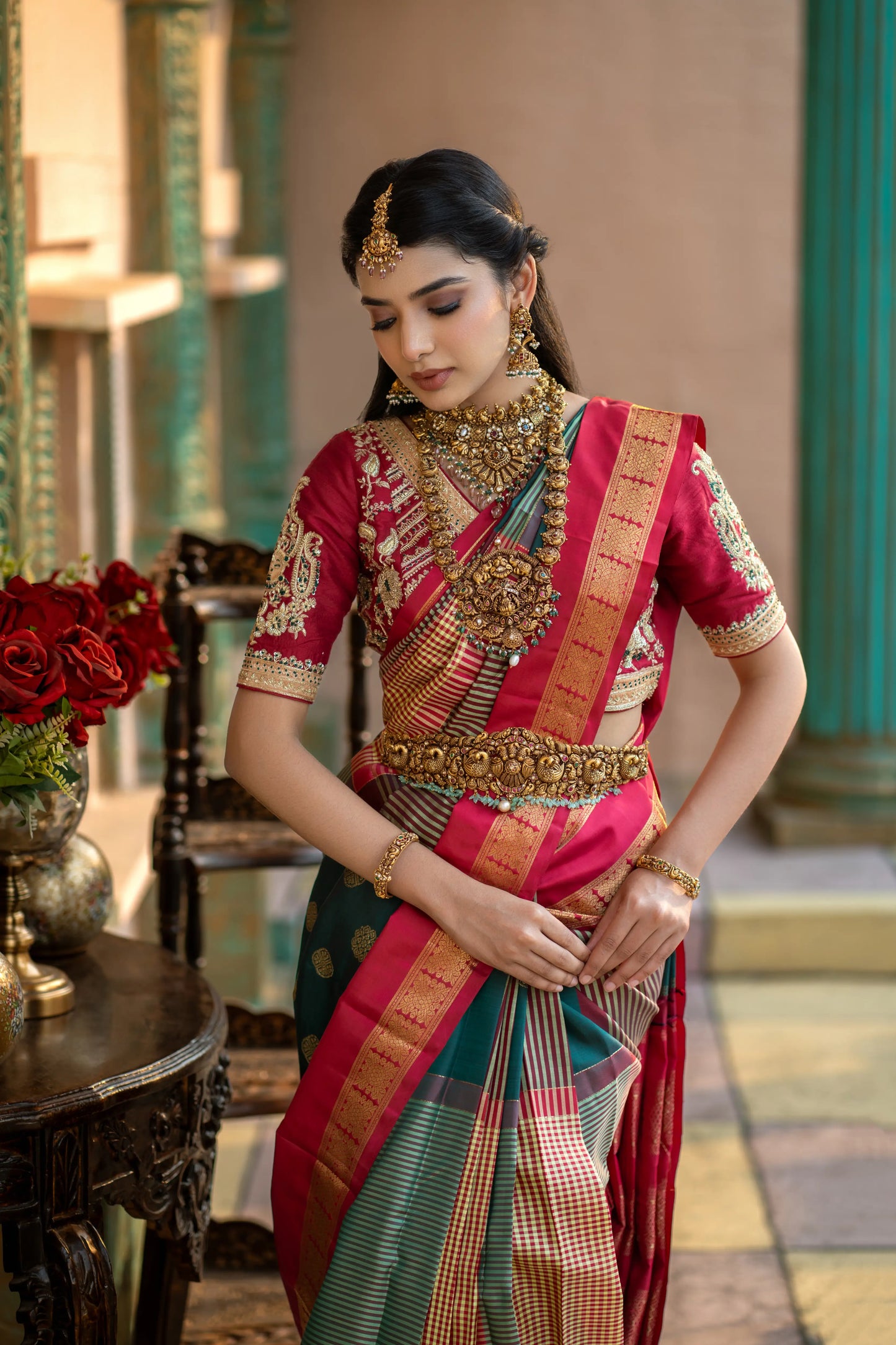 House of Ishwari Kanjivaram saree – shop handcrafted green and red silk sarees online
