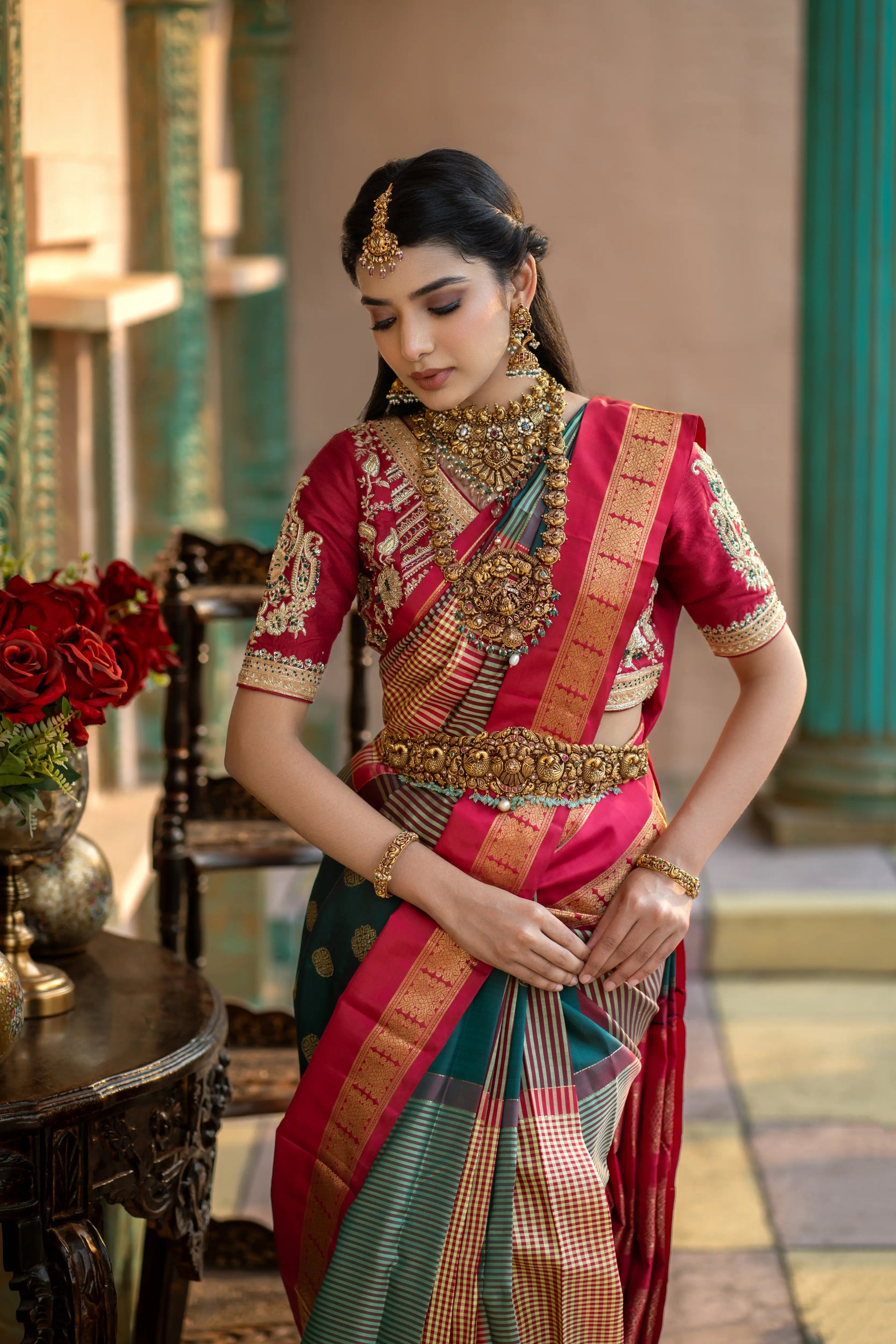 House of Ishwari Kanjivaram saree – shop handcrafted green and red silk sarees online