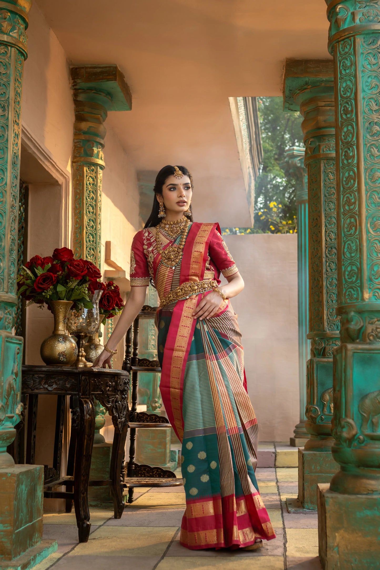 South Indian bridal silk saree with checks, buta, and zari detailing