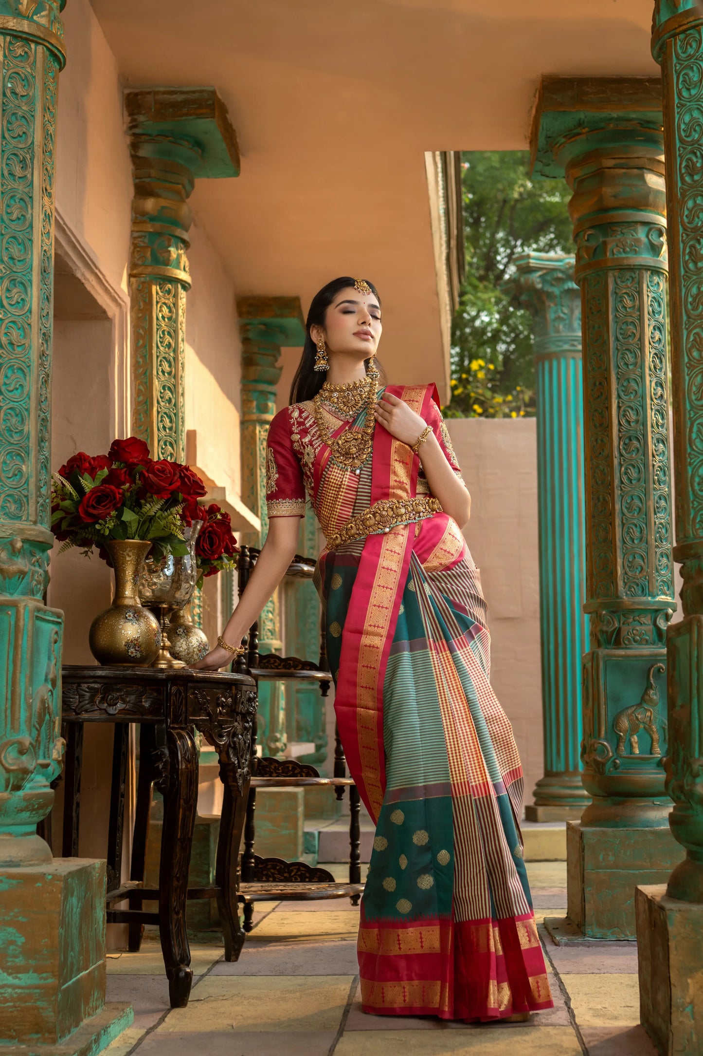 Festive silk saree with contrast pallu and heritage temple weaving – House of Ishwari